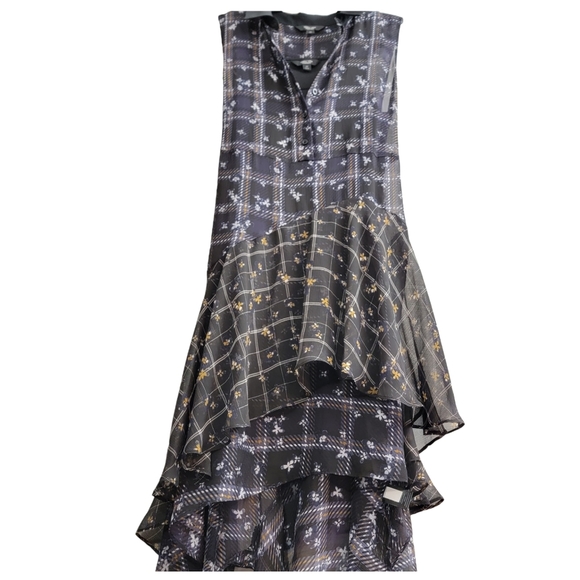 Navy Blue & Black Plaid Midi Ruffle High Low Butterfly Peter Pan Collar Size Med - Picture 7 of 13